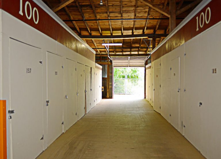 A hallway of storage units at Rocky Mount Self Storage